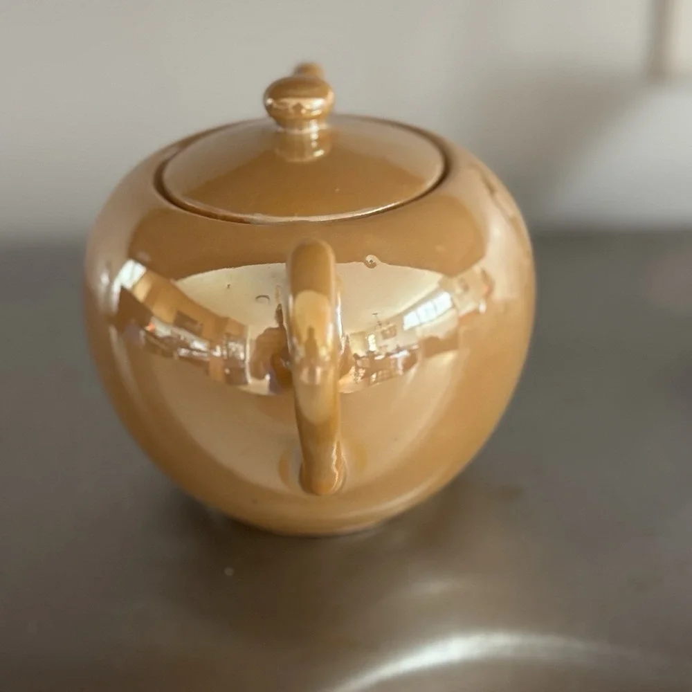 Vintage Orange Yellow Gold Luster ware Iridescent Teapot And Sugar Made In Japan